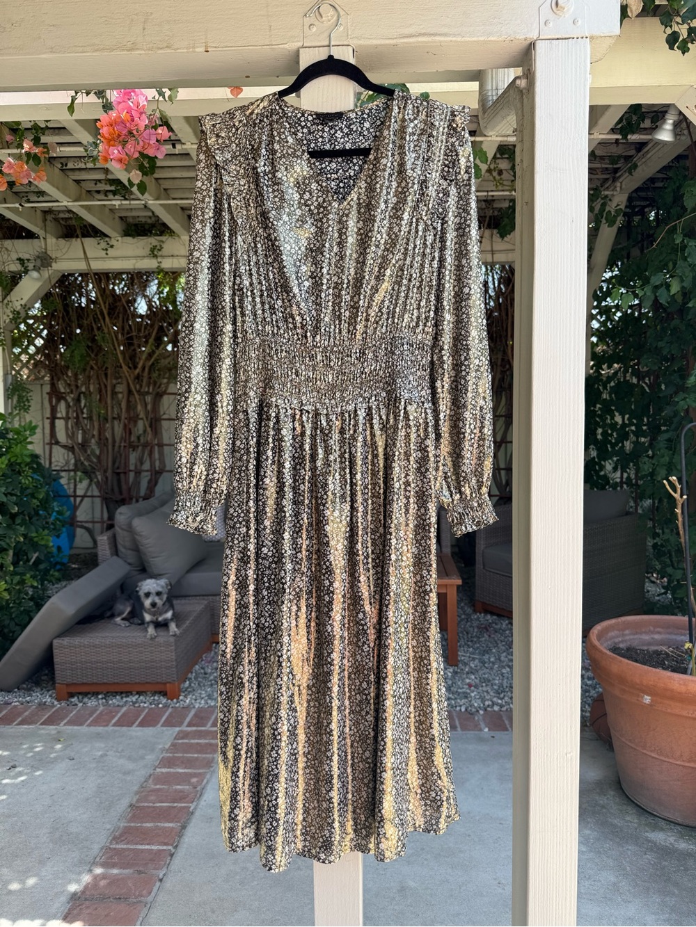 Current Air Black and Gold Metallic Floral Long Sleeve Midi Dress